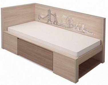 Кровать «Город» с угловой стенкой и ящиком для белья. Модель 1